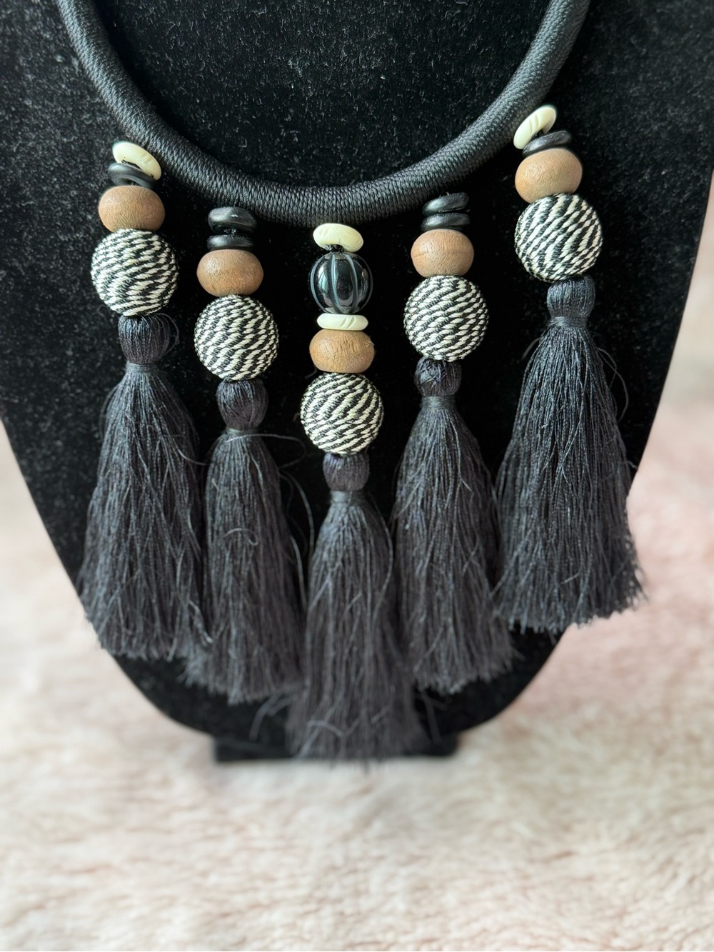 Black Tassel Statement Necklace with Mixed Bead Accents